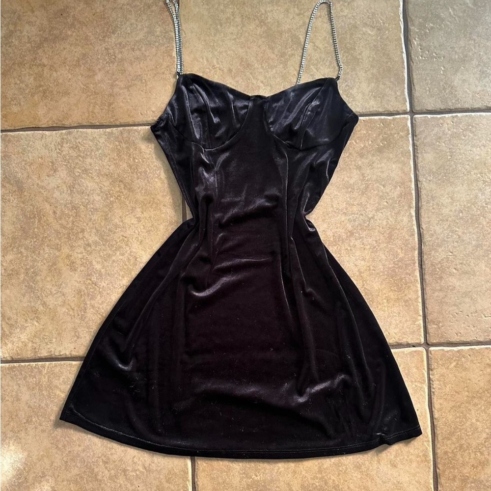 Black velvet dress with silver straps